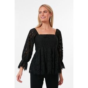 Pomander Place Danielle Black‎ Floral Lace Square Neck Peplum Top XS